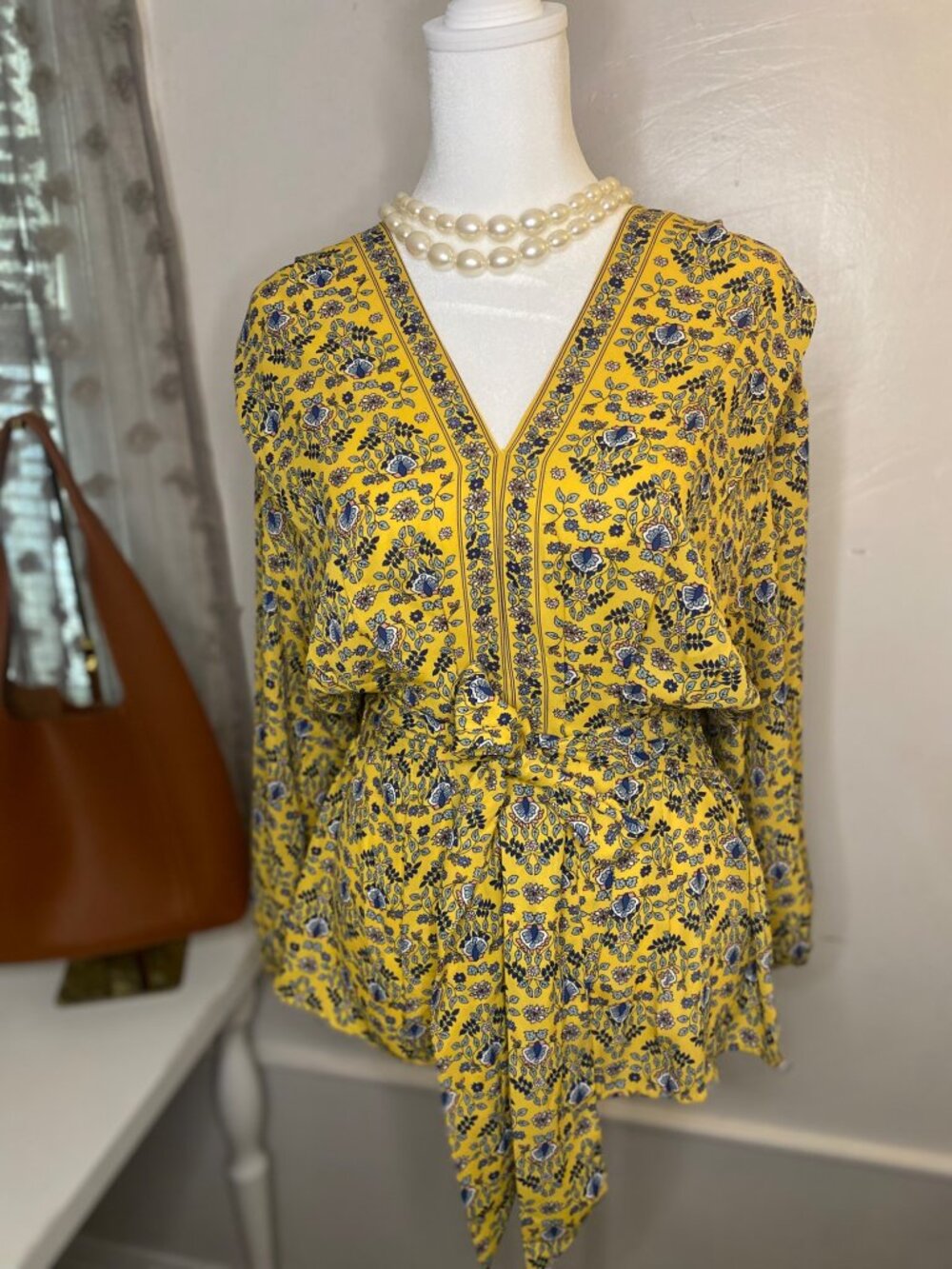 Max Studio Yellow Floral Tie Waist Peplum Blouse Size L Boho Long Sleeve